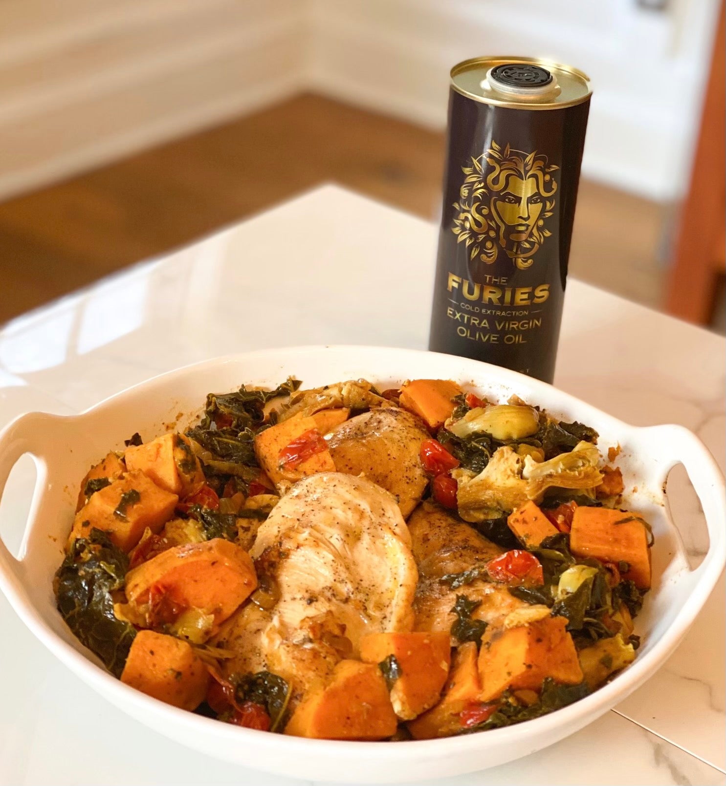 Roasted One Pot Chicken with Kale, Sweet Potatoes and Artichoke Hearts