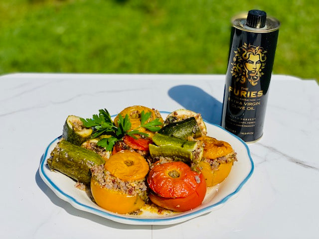 Gemista 2.0 - Roasted Tomatoes and Zucchini Stuffed with Herbed Quinoa & Red Rice